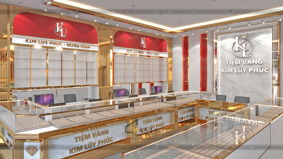 Khu vực trưng bày chính với mảng tường logo lớn ốp đá vân mây và các vách trang trí màu đỏ, tạo điểm nhấn mạnh mẽ và tăng tính nhận diện thương hiệu